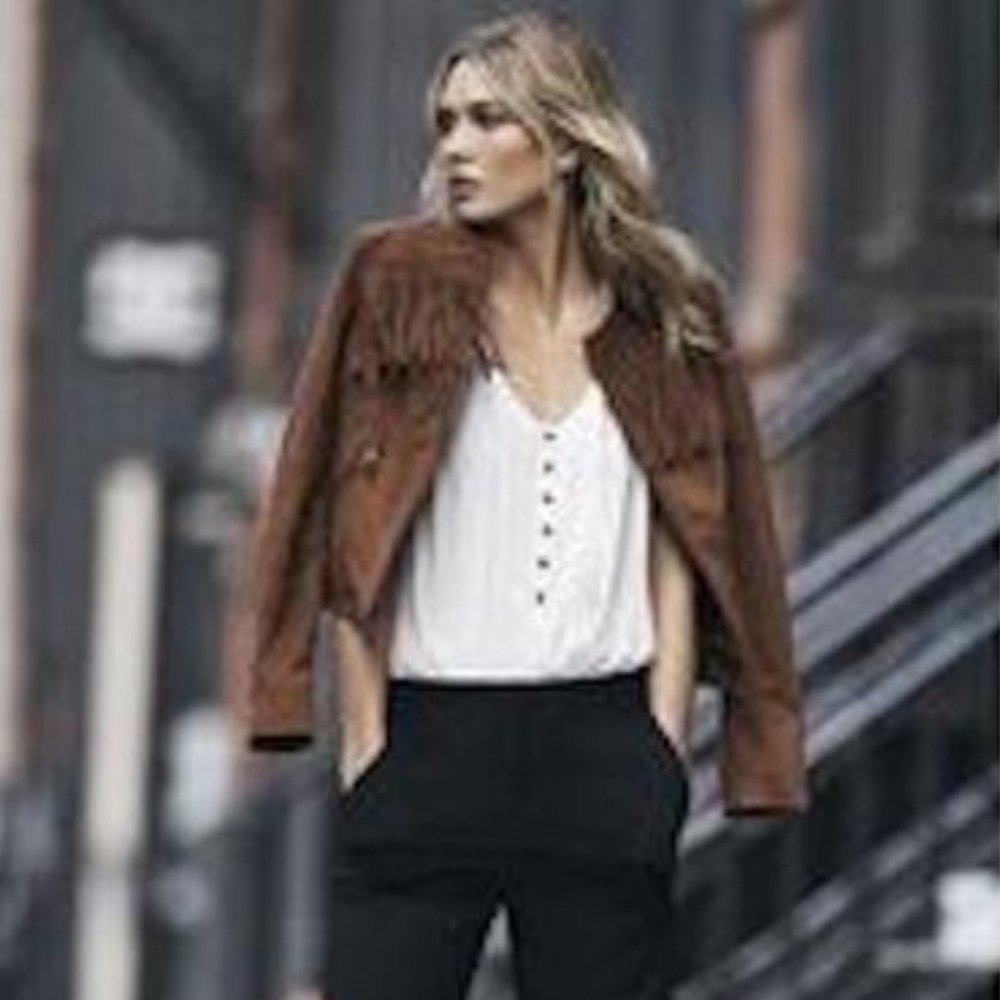 Express Brown Faux Suede No Collar Fringe Jacket